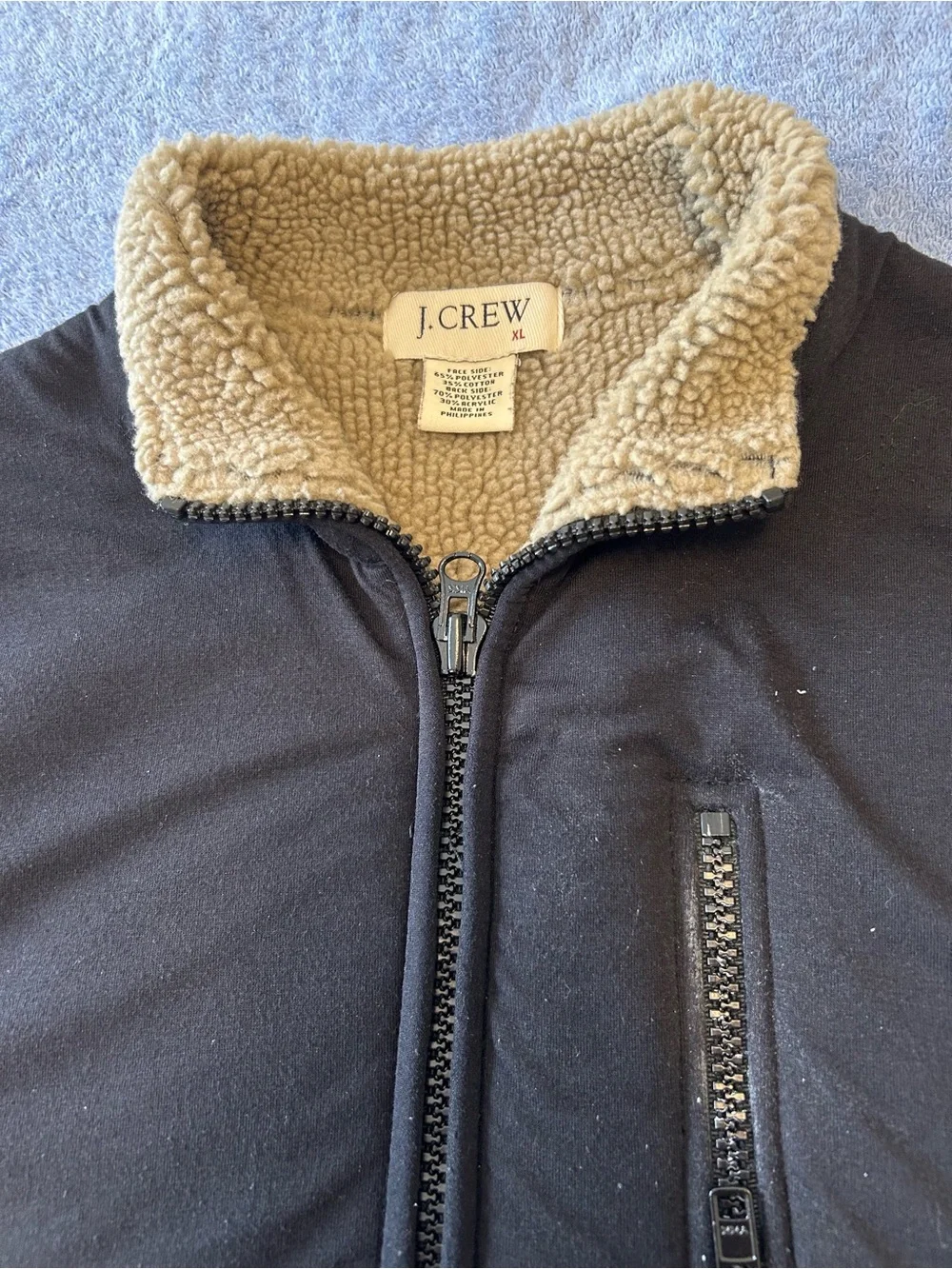 J. Crew Black Men’s Sherpa-Lined Zip Vest with Cream Collar